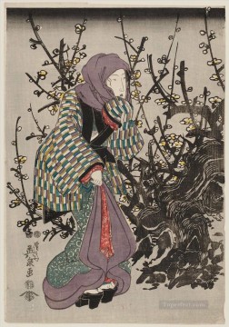Japanese Painting - woman by plum tree at night 1847 Keisai Eisen Japanese